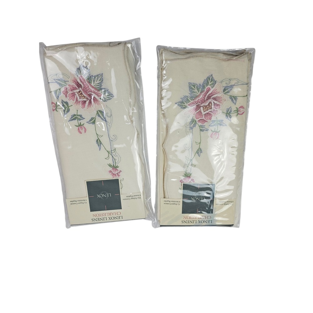 Lenox Linens Charleston Floral Embroidered Scalloped Napkins Set of 8 Cream 1989